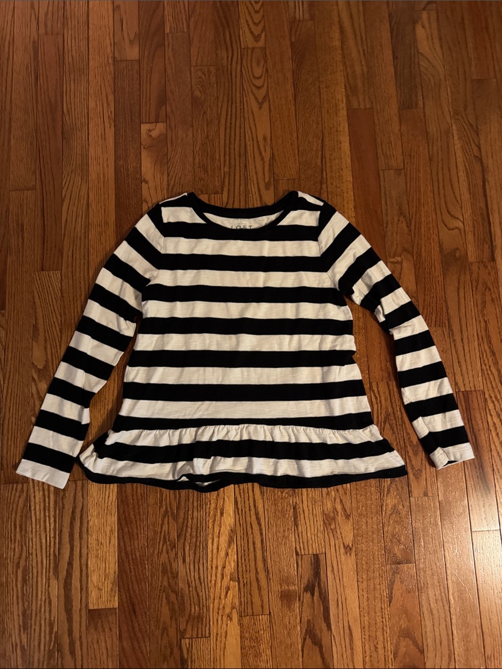 LOFT Black and White Striped Long-Sleeve Peplum Top